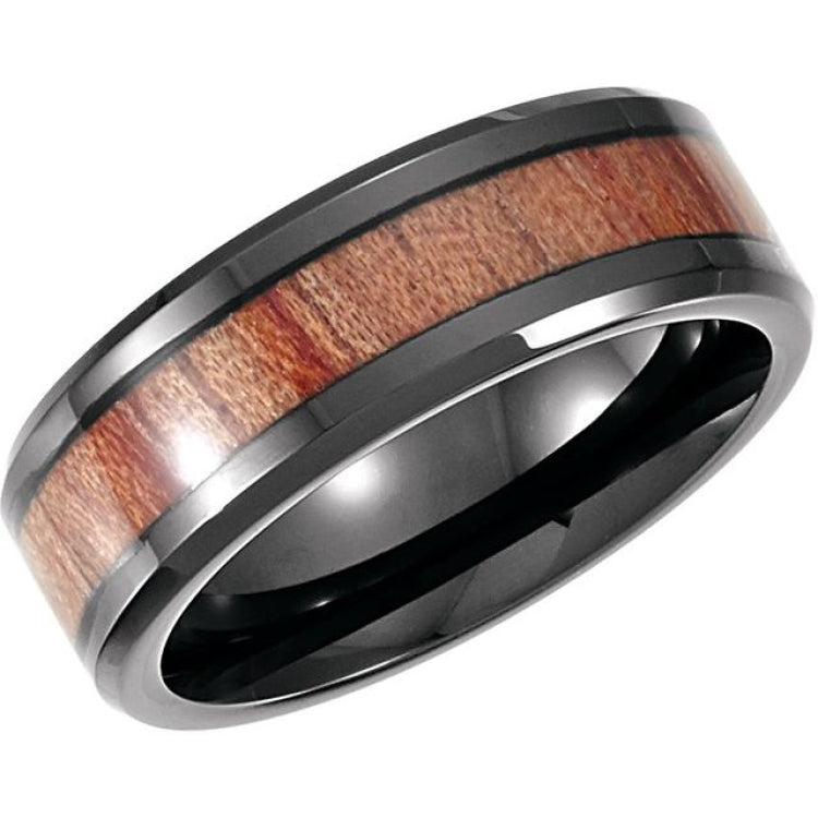 Black PVD Cobalt 8 mm Casted Wood Inlay Comfort-Fit Band Size 13