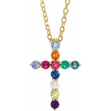 14K Yellow Gold Natural Multi-Gemstone & .03 CT Natural Diamond Cross 16-18" Necklace