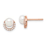 Sterling Silver Rose-tone w/ FW Cultured Pearl and CZ Earrings