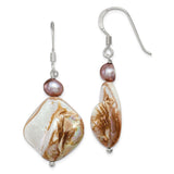 Sterling Silver Polished Brown Mother of Pearl and Freshwater Cultured Pearl Dangle Earrings