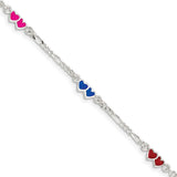 Sterling Silver Polished & Multi-color Enameled Double Heart with 1 Inch Extension Children's Bracelet