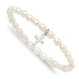 Sterling Silver Cross Freshwater Cultured Pearl 5 inch Stretch Bracelet