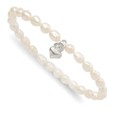 Sterling Silver Heart Freshwater Cultured Pearl 5 inch Stretch Bracelet
