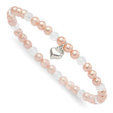 Sterling Silver Heart Pink Shell Bead & Crystal 6 inch Stretch Bracelet