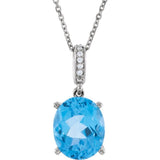 14K White 11x9 mm Oval Natural Swiss Blue Topaz and .03 CTW Natural Diamond Necklace